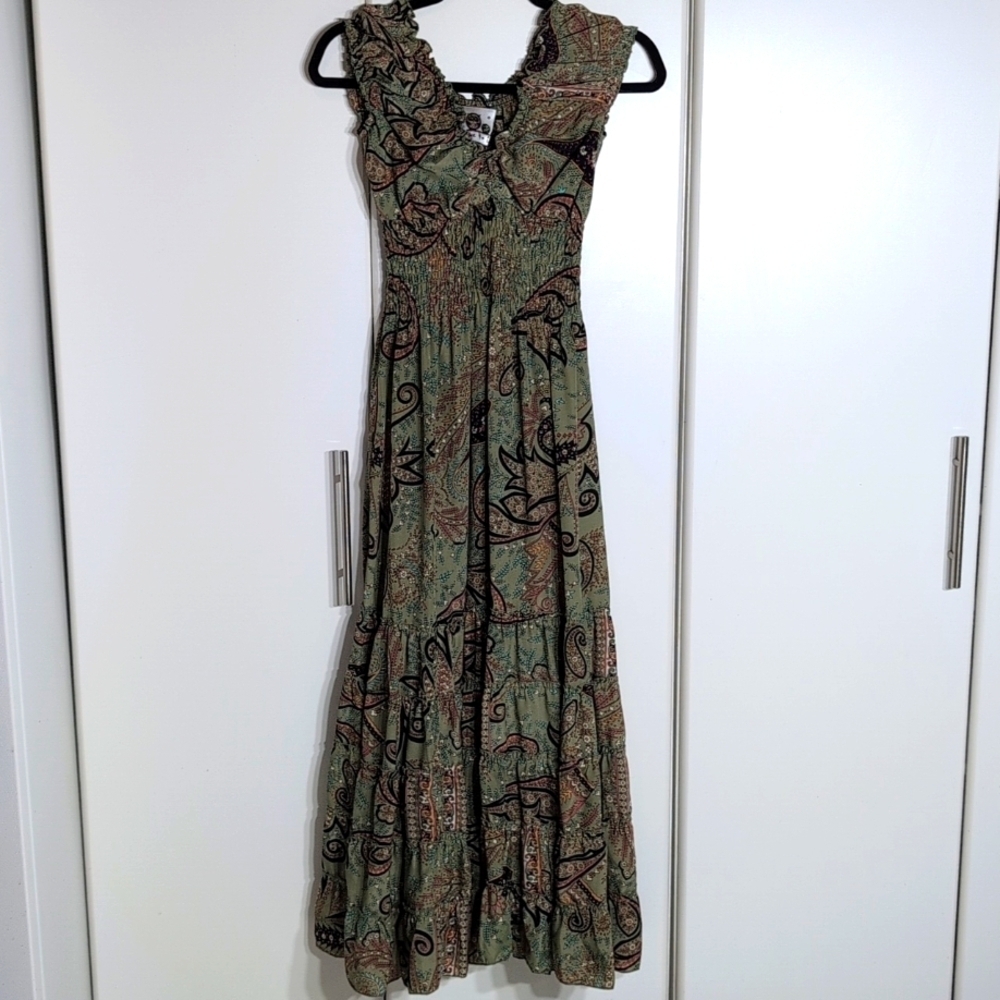 Peace + Love Owl Boho Bohemian Print Maxi Dress Size Small